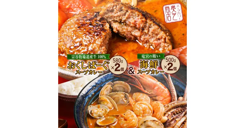 【ふるさと納税】 スープカレー セット 2個×2種 奥芝商店 竜宮の賄い 海鮮 宗谷牧場道産 100％ おくしばーぐ カレー シーフード ハンバーグ 詰め合わせ 食べ比べ パウチ グルメ ご当地 お取り寄せ 専門店の味 レトルト 人気 冷凍 ギフト 贈答 贈り物 北海道 札幌市