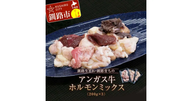 【ふるさと納税】釧路生まれ、釧路育ちのアンガス牛ホルモンミックス 200g×3 国産 ホルモン 牛 牛肉 国産 ホルモン ハツ モツ 冷凍 焼肉 もつ鍋 煮込み 小分け 北海道 F4F-3320