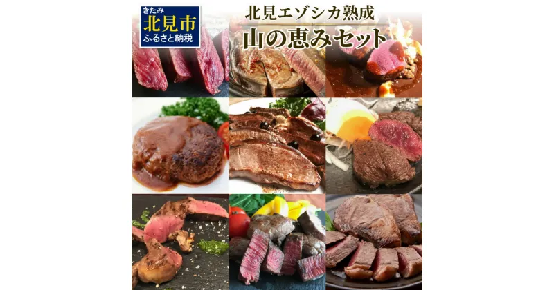 【ふるさと納税】北見エゾシカ 熟成肉山の恵みセット ( 肉類 肉 国産 鹿肉 熟成 セット 詰め合わせ 骨付き ロース しんたま 内もも ステーキカット肉 ハバキカット ハツ ヒレ ステーキ用スライス )