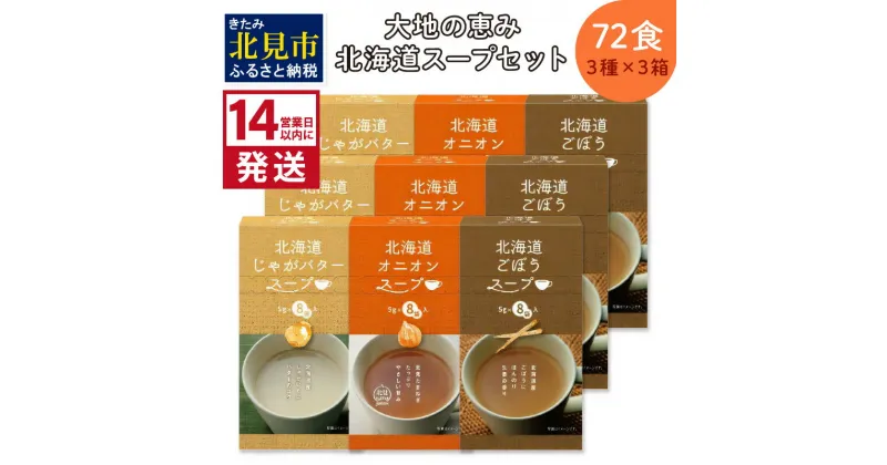 【ふるさと納税】《14営業日以内に発送》大地の恵み北海道スープ 72食セット 3種×3箱 ( スープ 即席 オニオンスープ たまねぎスープ ごぼう じゃがバター )