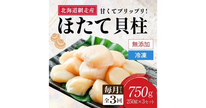 【ふるさと納税】【全3回（毎月）】網走前浜産 無添加ホタテ貝柱750g（250g×3袋）【 ホタテ ほたて 帆立 貝柱 ホタテ貝柱 ほたて貝柱 帆立貝柱 刺身 刺身ホタテ 刺身帆立 緊急支援 支援 生産者支援 魚介 小分け 天然 750g 250g 3パック 北海道 網走市 送料無料 】 ABAI033