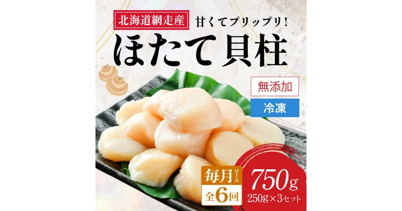 【ふるさと納税】【全6回（毎月）】網走前浜産 無添加ホタテ貝柱750g（250g×3袋）【 ホタテ ほたて 帆立 貝柱 ホタテ貝柱 ほたて貝柱 帆立貝柱 刺身 刺身ホタテ 刺身帆立 緊急支援 支援 生産者支援 魚介 小分け 天然 750g 250g 3パック 北海道 網走市 送料無料 】 ABAI035