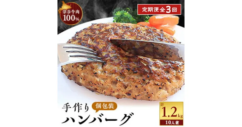 【ふるさと納税】【毎月定期便】【業務用】 宗谷牛肉100% 手作りハンバーグ120g×10人前全3回【配送不可地域：離島】【4013547】