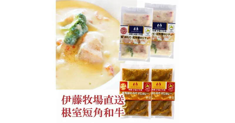 【ふるさと納税】鮭・ほたて・花咲蟹シチュー2P、牛すじカレー2Pセット A-13008